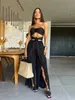 Women's Two Piece Pants Summer Black Sexy Women Pant Set Tie Flowers Strapless Top Tassel High Split Suit Beach Vacation Female Clothing 231214