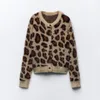 Women's Fur 2024 Spring Autumn Women Faux Animal Jacquard Knit Cardigan Leopard Print Round Neck Long Sleeved Sweater Knitted Coat