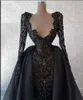 Party Dresses Black Evening V Neck Long Sleeves Lace Hollow Sexy Sequins Appliques Detachable Train Celebrity Prom Custom Made