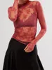 Kadınların Sweaters Kronstyle Seksi Kadınlar Uzun Kollu Tişörtler Mesh Yüksek Boyun Dantel Çiçek Bahar Sonbahar İnce Fit Tees Street Giyim 2024 231215