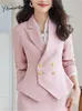 Blazer da donna Blazer Yitimuceng Eleganti set di due pezzi OutITS 2023 Office Ladies Double Breasted Gira Down Collar Blazer Solid Skirt 231214