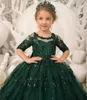 Mädchenkleider Grüne Pailletten Glänzendes Tüll-Blumenkleid für Hochzeit Spitze Halbarm mit Samtschleife Kind Erstkommunion Geburtstag