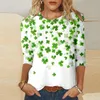 Camisetas femininas 3.17 Ireland Carnival Festival Tops St. Patrick's Day Verde Lucky Clover Imprimir O-pescoço Camisa de manga de três quartos verão