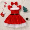 女の子のドレスキッド女の赤ちゃんクリスマス服セットフェイクファーパッチワーク長い袖のオフショルダーbowヘッドバンド231214