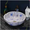 Set di rubinetti per lavandino Porcellana blu e bianca Cina Vaso lavabo in ceramica fatto a mano Lavobo Lavabo da appoggio rotondo per bagno kg Homefavor Dh47N