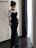 Vestidos casuales Mujeres elegante fiesta fiesta vestido de terciopelo negro estilo francés sexy bodycon malla vestidos primavera otoño moda ropa femenina 2023