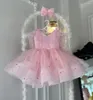 Girl Dresses 1-14 Years Glitter Pearls Flower Pink Children's Big Bow Birthday Party Princess Ball Gown Communion Kid Cloth