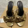 Сандалии TRAF, женские золотистые босоножки на высоком каблуке с бантом, сексуальные шлепанцы на каблуке с закругленным носком, шикарная уличная обувь на каблуке