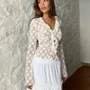 Women s Sweaters hirigin Elegant Women Summer Lace Floral Tops Flare Long Sleeve Tie Front Sheer Slim Crop Cardigan Clubwear blusa mujer moda 231215