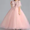 Vestidos de menina princesa bola primeira comunhão elegante rosa anjo tule renda pena vestido flor crianças surpresa presente de aniversário