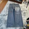 Jeans pour femmes Harajuku gothique rétro poche crâne brodé taille haute droite hommes 2000s rue hip hop punk pantalon en denim lavé