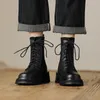 Сапоги Autuspin, 2023 г., женские короткие ботинки из натуральной кожи с круглым носком, на шнуровке, уличная повседневная обувь, осенние модные ботильоны на толстом каблуке, 231214