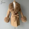 Women's Wool Blends Jxwatcher Style Cashmere Coats Real Fox Fur Collar Ladies Mid-Längd Wool Jacket Winter Elegant Belt Design Ytterkläder 231214