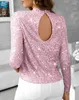 Frauen T Shirts Allover Pailletten Mock Neck Top Mode Temperament Pendeln Weibliche Kleidung 2023 Frau Langarm Casual T-Shirt