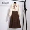 Work Dresses Women Korean Long Skirts Sets Office Ladies Elegant Bow Collar Sleeve Knitted Sweater And Pleated Two Piece Set 2023