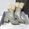 Women Ankle Boot PVC Betty Rain boots waterproof welly boots with zipper Ladies Girls Square head High Boot Winter mohair sock Mar