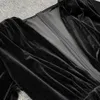 도시 섹시한 드레스 검은 벨벳 미니 드레스 폭포 드레이프 고급스러운 긴 슬리브 플러시 딥 v 플 런지 네크 라인 중앙 허벅지 분할 231215