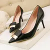 Dress Shoes Woman Soft Leather Pointed Toe Wedding Autumn Black Pink Women Pumps High Heels Metal Buckle Fashion Ladies Office