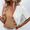 Женские блузки, летняя модная шифоновая рубашка с v-образным вырезом и контрастным верхом с короткими рукавами, повседневная двухцветная футболка с карманами на крестообразных пуговицах