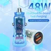 48W Snabbladdning USB C -billaddare Transparent PD QC3.0 USB Super Fast Charge Car Charger Power Adapter för iPhone 15 14 Xiaomi Huawei Samsung