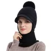 Bérets Chapeau intégré et écharpe de cou Ensembles tricotés côtelés Mode Hiver Chaud Cyclisme Bonnet Unisexe Polaire Fourrure Pom Poms Casquette de Ski