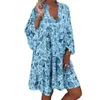 Robes décontractées 2023 Printemps Impression Gland Boho Mini Robe Femmes Élégant Col En V A-ligne Bureau Vintage 3/4 Manches Flare Plage D'été