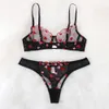 Women Unlined Lingerie Set See Through Bra Thongs Sets Heart Embroidery Ladies Sexy Underwear