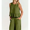 Kvinnors tvåbitar byxor 2023 Summer Casual Loose Green Set For Women Sleeveless Pleated Vest Top Wide Ben Long 2-Piece Suit Office Ladies