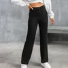 Pantalon femme à la mode femmes pantalon taille haute jambe large avec fermeture à bouton poches élastiques ample couleur unie pour dame