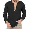 T-shirts pour hommes 2023 hiver chemise à manches longues loisirs Tropical coton lin col en v profond couleur unie grande taille T-shirt