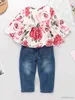 Kleidungssets 2-teiliges Baby-Kleidungsset mit niedlichem Blumendruck und Rüschen, langärmlig, Denim-Hose, Babykleidung für Herbst und Winter, R231215