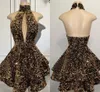 Nouvelle robe de bal courte en or 2024 licou sans manches paillettes scintillantes dos nu filles noires soirée robes de soirée d'anniversaire robe de soirée personnalisée