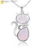 Pendant Necklaces CSJA Reiki colliers en pierre naturelle pendentifs en Quartz rose pour femmes fille chat mignon elle roche perles d'onyx noir chaîne bijoux F066L231215