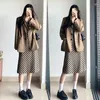 Arbetsklänningar S-XL Womens Blazer Suits Spring Summer Female Long Sleeve Coat Dress 2st Set Plaid Slim Single Breasted Ladies Outfits HY133