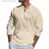 Polo da uomo Estate New T-shirt a maniche lunghe da uomo in cotone e lino Scollo a V Allacciatura Top larghi T-shirt da spiaggia Pullover casual S-2XL Q231215