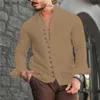 Polos masculinos Estilo Retro Verão Masculino Casual Camisa de Linho de Algodão Mock Neck Sólido Decote em V Manga Longa Solta Top Hands ome Camisa US Tamanho S-3XL Q231215