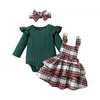 Комплекты одежды FOCUSNORM 2 цвета Рождественские комплекты одежды для новорожденных девочек 3 шт. Однотонные комбинезоны в рубчик с длинными рукавами и оборками Клетчатые юбки на подтяжках R231215