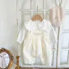 Kläder sätter 2PSC Autumn Nyfödd spädbarn baby flickor romper +skjorta broder Rompers barn lösa justerbara byxor mode babykläder R231215