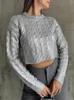 Kvinnors tröjor Elegant Metallic Silver Short Sweater For Women Autumn Loose O Neck Long Sleeve Jumper Topps Female Fashion Ladies Knit Pullover 231214