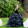 Robes de fille noir blanc manches longues robe à fleurs pour les mariages Tulle à volants dentelle enfants Pageant robes de bal filles anniversaire