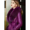 Chaqueta de cuero para mujer, abrigo con Cuello de piel de mapache auténtico para mujer, plumón de pato de invierno, Vintage Shee2023