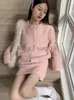 Tweedelige jurk winter roze zoete schattige tweedelige set vrouwen knop Japanse Kawaii elegante minirok pak vrouwelijke Koreaanse mode Y2K-set 231215