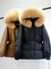 Parkas femme Janveny hiver doudoune femmes grande fourrure de raton laveur naturel 90% duvet de canard manteau femme épais chaud ceinture cravate Parkas imperméable 231214