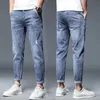 Mäns jeans denim byxor fotled längd hög kvalitet sommarsträcka bomullshål tunn streetwear design korea casual byxor 231214