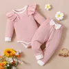 Kledingsets Nieuwe babymeisjeskleding Set Herfst Winter Peuter Meisjeskleding Strik Roze Lange mouw Romper + broek Babymode Baby-outfit R231215