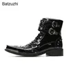 Batzuzhi moda masculina botas de luxo preto couro tornozelo botas dedo do pé quadrado ponta de metal botas de couro de negócios bota masculina, tamanho grande 46