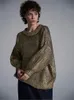 Женские свитера, однотонный свитер с круглым вырезом металлик для женщин, винтажный свободный блестящий пуловер с длинными рукавами, осень 2023, женский модный уличный шикарный джемпер 231214