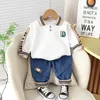 Clothing Sets Boys flip collar T-shirt printed top casual denim jeans spring and autumn cotton wearing two suits every day 231215