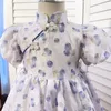 Robes d'été pour filles, manches courtes, col roulé, motif Floral violet, Roupa Infantil Menina, robe mignonne Chi-pao, personnalisée 18M-7T