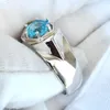 Cluster Rings Men's Real Blue Topaz Ring 925 Silver 7.5mm Lucky Gemstone 6-prong December Birthstone Birthday Gift R515BTN